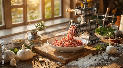 Meat grinder vintage hand-crank mounted on weathered wooden table edge, cast iron with patina, processed meat on white porcelain plate, garlic, thyme, peppercorns