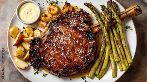 Cowboy steak dinner from overhead view with massive bone-in ribeye centered on white porcelain, surrounded by fingerling potatoes, charred asparagus, and béarnaise sauce