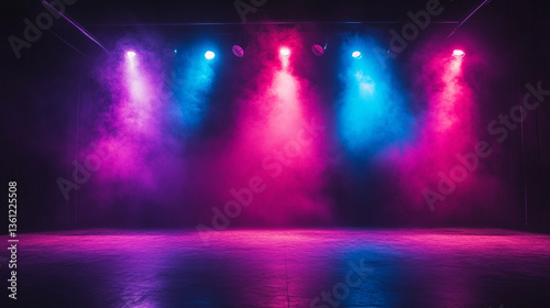 Wallpaper Mural A stage illuminated with vibrant pink and blue spotlights creating a smoky atmosphere and reflections Torontodigital.ca