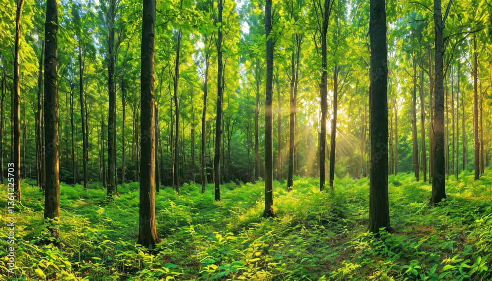 Obraz premium Sunlit Forest Landscape Lush Green Trees and Ferns