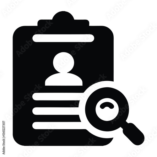 Black Silhouette Resume Icon – Clipboard with Profile and Magnifying Glass for Job Search or Hiring
