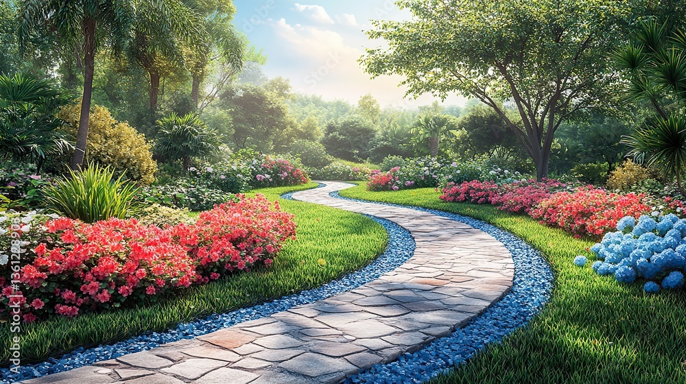 Obraz premium A winding garden pathway surrounded by vibrant flowers and lush greenery, evoking a sense of tranquility and offering a peaceful escape from the hustle and bustle of everyday life