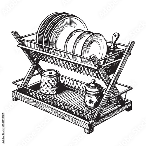 dish rack engraving vector illustration