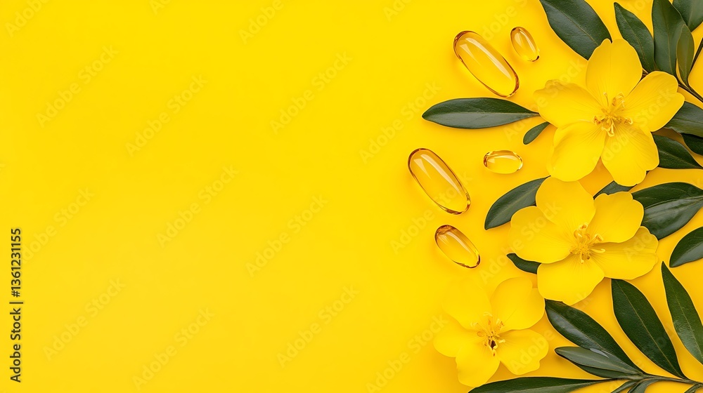 Obraz premium Vibrant Yellow Floral Flat Lay: Omega-3 Capsules & Blossoms AI Generated