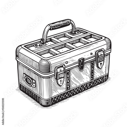 Fishing tackle box engraving vector illustration
