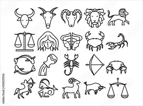 A collection of zodiac signs in black and white

