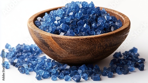 a wooden bowl filled with blue vitriol also known as copper sulfate the vibrant blue crystals contrast sharply with the wooden bowl and surface against a plain white background