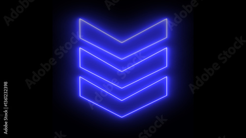 Glowing blue neon downward arrow direction icon. Abstract set of glowing neon arrows. up to down rendering