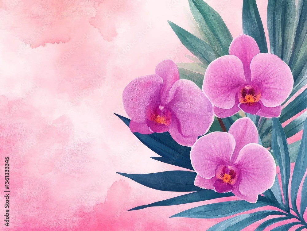 Obraz premium Beautiful pink orchids surrounded by green leaves on a soft pink background.
