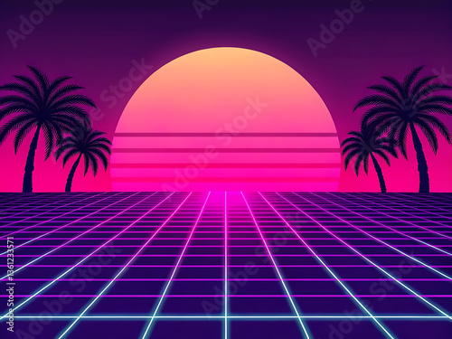 Retro futuristic 80s style background with neon grid and palm trees for digital design.