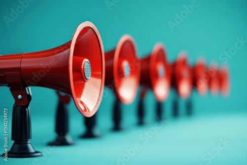 Row of red megaphones, one at center. photo
