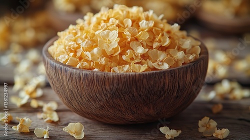 a wooden bowl filled with dried ihlamurcicek linden flowers sits on a wooden surface the small yellowish brown blossoms are finely textured highlighting their natural delicate appearance