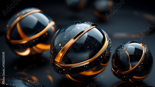Dark Sphere 3D Render: Gold Accents on Obsidian Spheres AI Generated