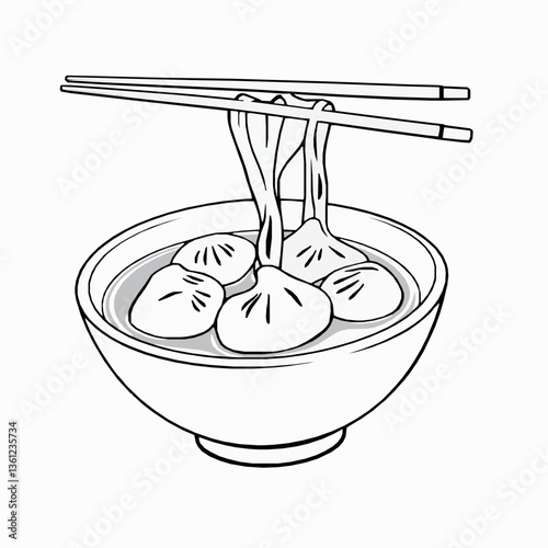 black outline vector of wonton soup with dumplings floating in broth isolated on a white background