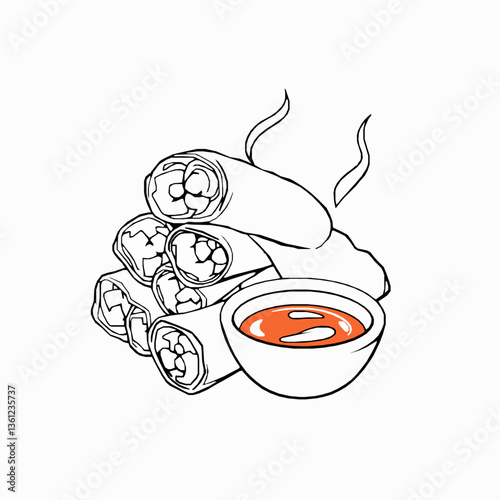 black outline vector of spring rolls crispy fried with dipping sauce isolated on a white background