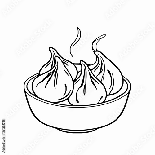 black outline vector of Peking-style dumplings pan-fried with crispy bottoms isolated on a white background