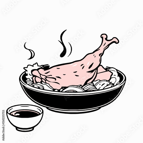 black outline vector of Peking duck served with pancakes and hoisin sauce isolated on a white background