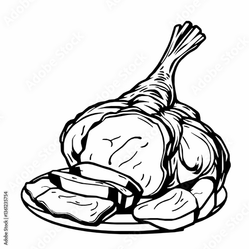 black outline vector of Peking duck with crispy skin and sliced meat isolated on a white background