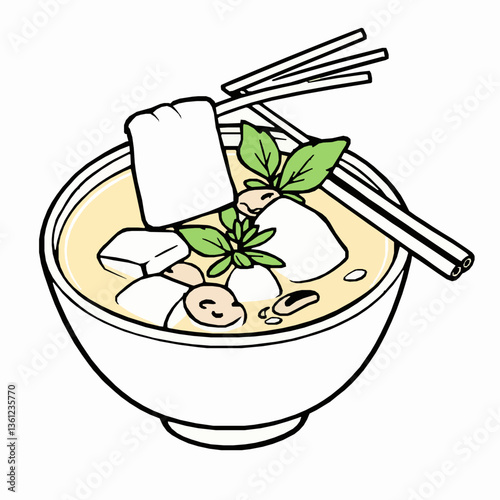 black outline vector of hot and sour soup in a bowl with tofu and mushrooms isolated on a white background