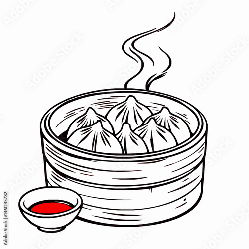 black outline vector of dim sum bamboo steamer with dumplings isolated on a white background