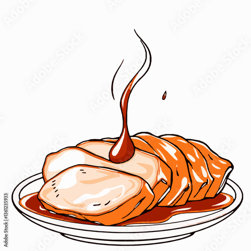 black outline vector of char siu barbecue pork with glazed caramelized sauce isolated on a white background