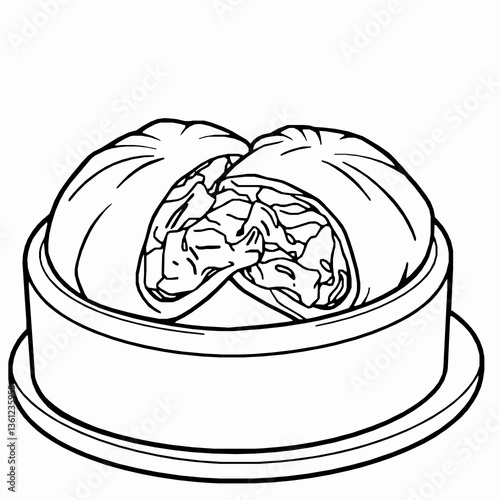 black outline vector of baozi steamed buns with pork filling isolated on a white background