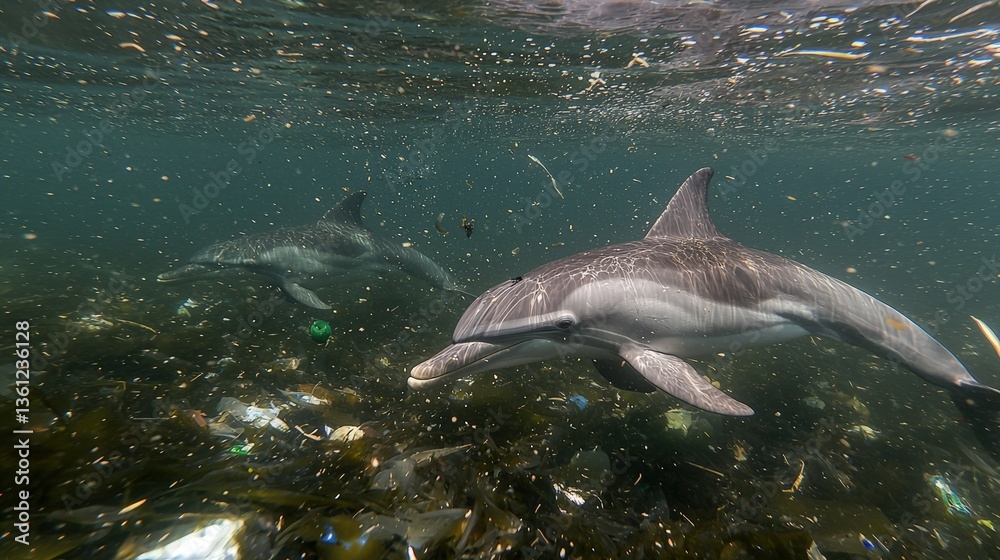 Fototapeta premium Dolphins swimming in polluted ocean water, surrounded by plastic waste and debris. Urgent environmental issue.