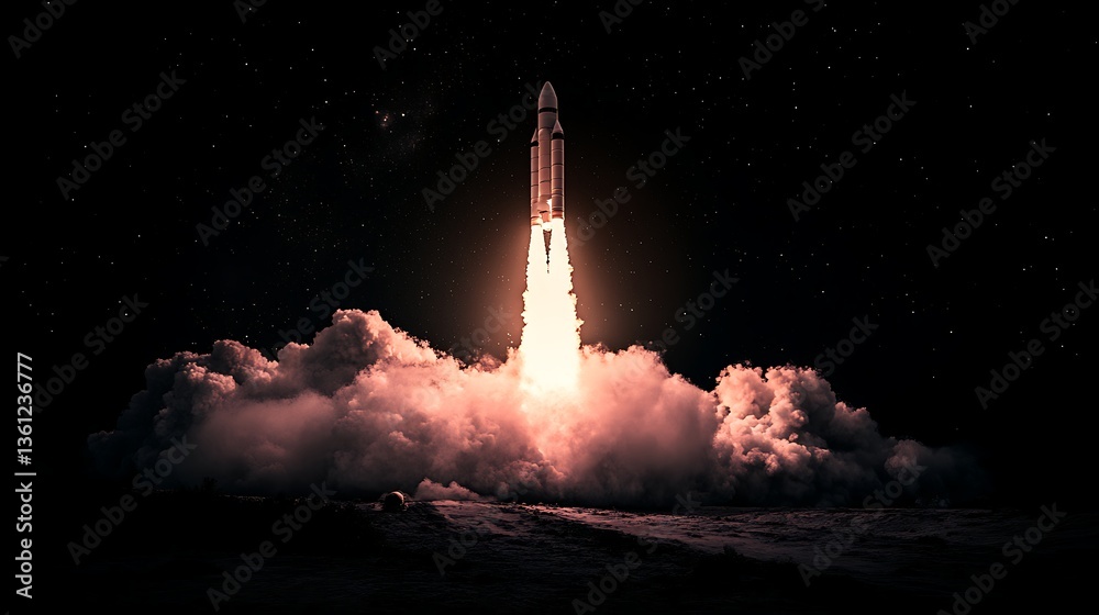 Naklejka premium Rocket Launching into Space with Smoke Trail, A rocket launching into space with a trail of smoke against a dark sky