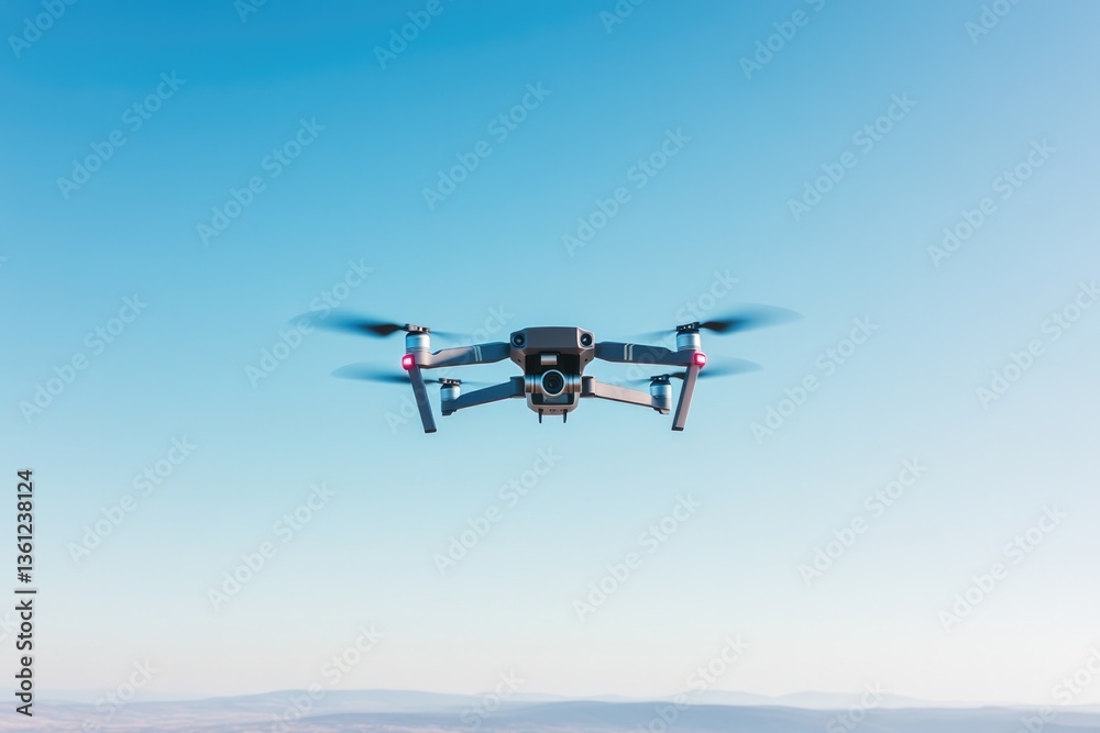sleek drone hovering in clear blue sky highlighting its metallic body against vast open atmosphere sleek drone hovering in clear blue sky highlighting its metallic body against vast open atmosphere