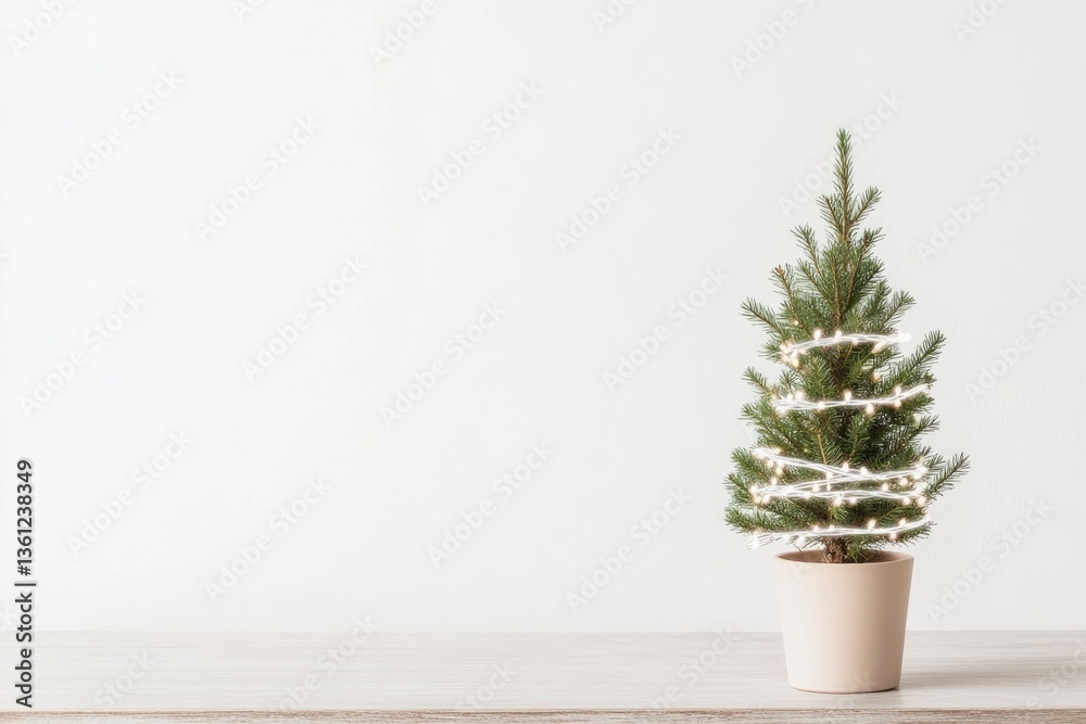 Fototapeta premium small potted pine tree wrapped in white fairy lights sits on wooden table against stark white backdrop ready to evoke