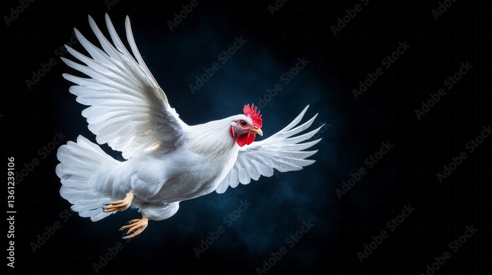 Obraz premium Majestic white chicken soars gracefully against the dark background