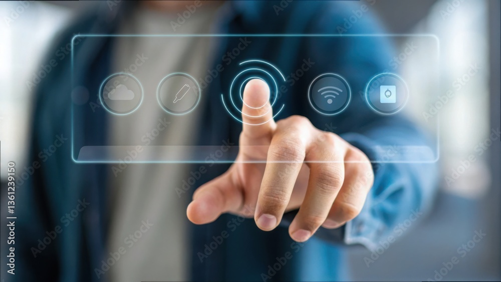 Person Using Gesture to Interact with Virtual Touchscreen Interface Person Using Gesture to Interact with Virtual Touchscreen Interface