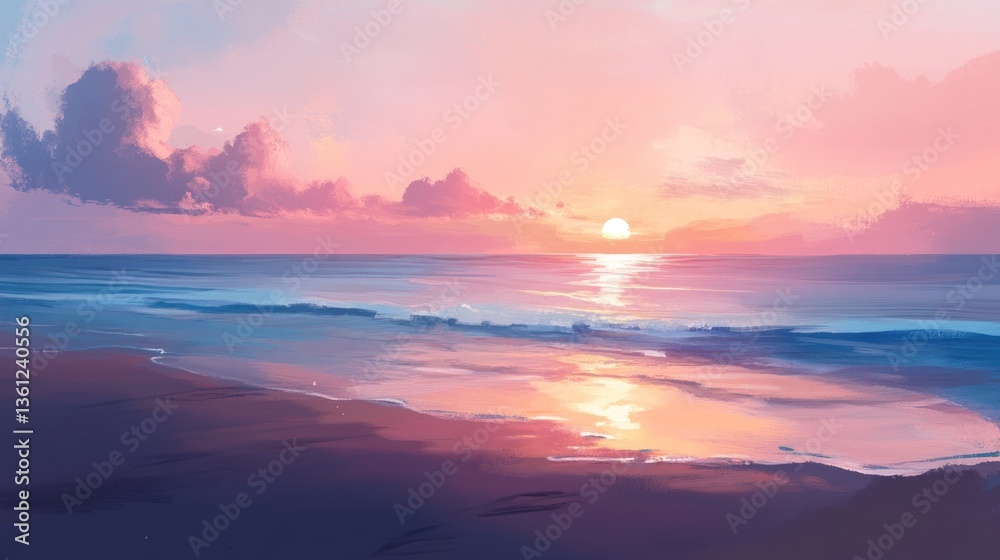 Fototapeta premium Pastel sunset painting reflecting upon ocean, sky tinted with tranquil colors