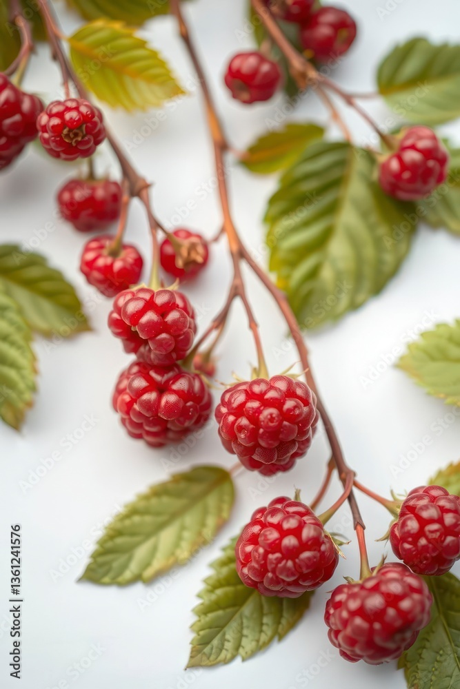 Ripe Raspberries on Branch with Green Leaves Isolated on White Ripe Raspberries on Branch with Green Leaves Isolated on White