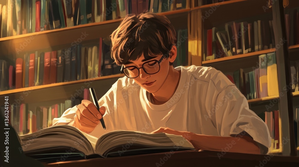 Engrossed in literary study, illuminated by golden light and open book Engrossed in literary study, illuminated by golden light and open book