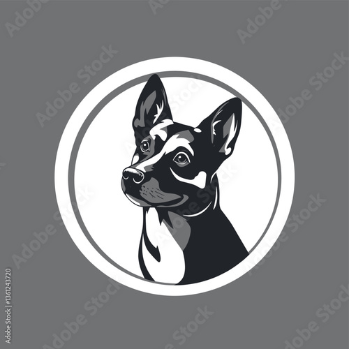 A stylized illustration of a black and white dog with pointed ears, captured in a circular frame