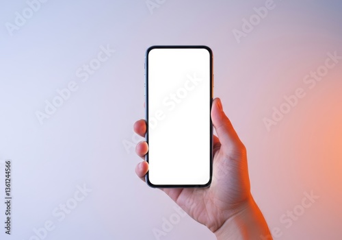 Hand Holding Smartphone with Blank Black Screen on Gradient Background – Mobile App Showcase Mockup photo