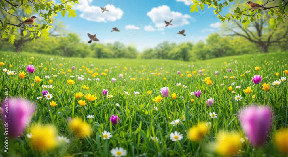 Fototapeta premium Spring flowers and butterflies in the grass.
