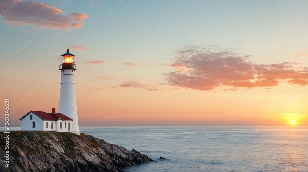 Serene Lighthouse by Ocean at Sunset with Colorful Sky and Calm Waters in Coastal Landscape Serene Lighthouse by Ocean at Sunset with Colorful Sky and Calm Waters in Coastal Landscape