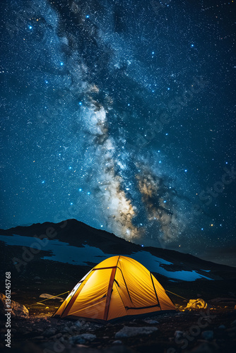 yellow tent is lit under the dark sky with the milky way in the night sky