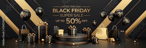 Luxurious Black Friday sale scene featuring dark matte background geometric patterns central circular podium, gold accents, elegant black gold balloons, premium shopping bags, stylish promotional text