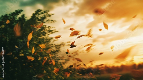 Beautiful autumn leaves are blown gracefully by strong atmospheric wind