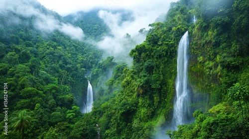 Lush rainforest landscape featuring cascading waterfalls and misty atmosphere