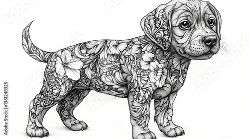 An intricate zentangle dog illustration captures the playful spirit of a puppy in black and white line art, perfect for a pet coloring page