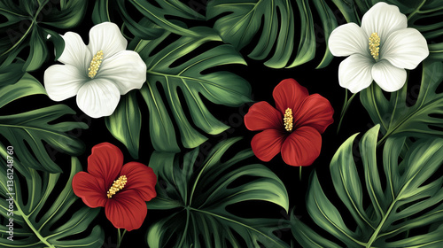 Tropical hibiscus flowers and lush green leaves pattern