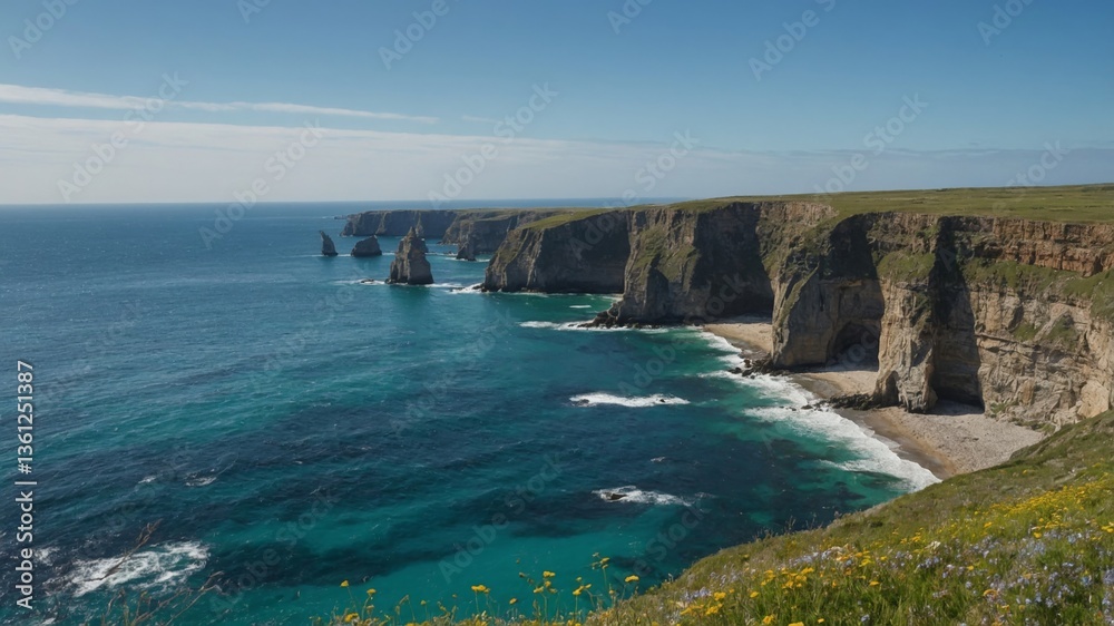 Breathtaking Coastal View with Cliffs and Ocean Waves on a Sunny Day Breathtaking Coastal View with Cliffs and Ocean Waves on a Sunny Day