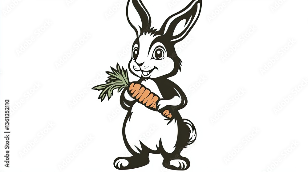Naklejka premium A Smiling Black And White Rabbit Holding A Carrot