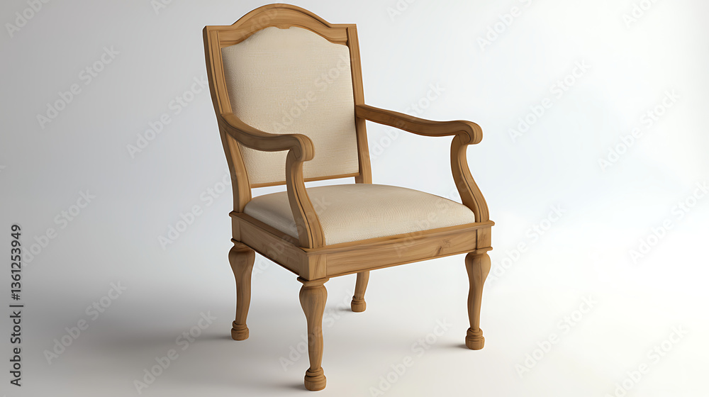 Fototapeta premium A wooden chair with a white cushion sits on a white background