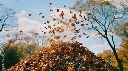 A big pile of falling autumn leaves in the air