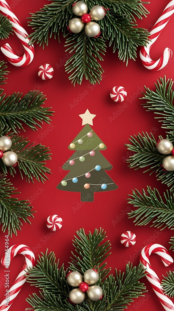 Naklejka premium A festive Christmas background featuring candy canes pine branches holiday decorations on vibrant red backdrop with a decorated Christmas tree. mockup template for Christmas ads posters greeting cards